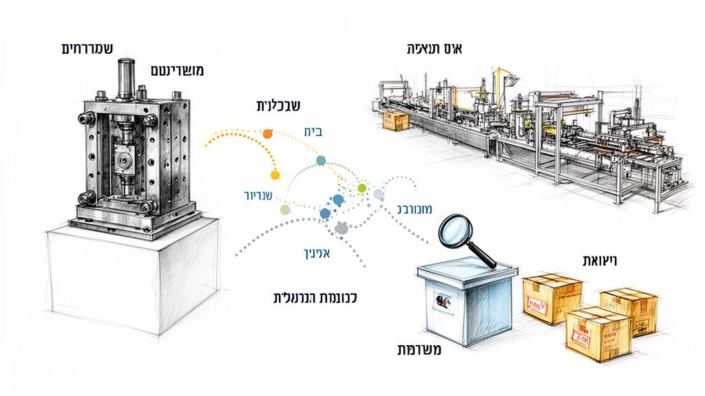 הדמיה של תהליך ייצור הכולל תכנון, מכבש, קו ייצור, בקרת איכות ואריזה.
