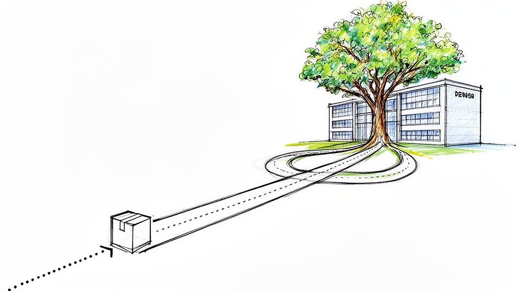 איור של בניין מודרני עם עץ גדול ושופע שצומח מתוכו, כאשר שורשיו הופכים לדרכים המובילות לקופסת משלוח.