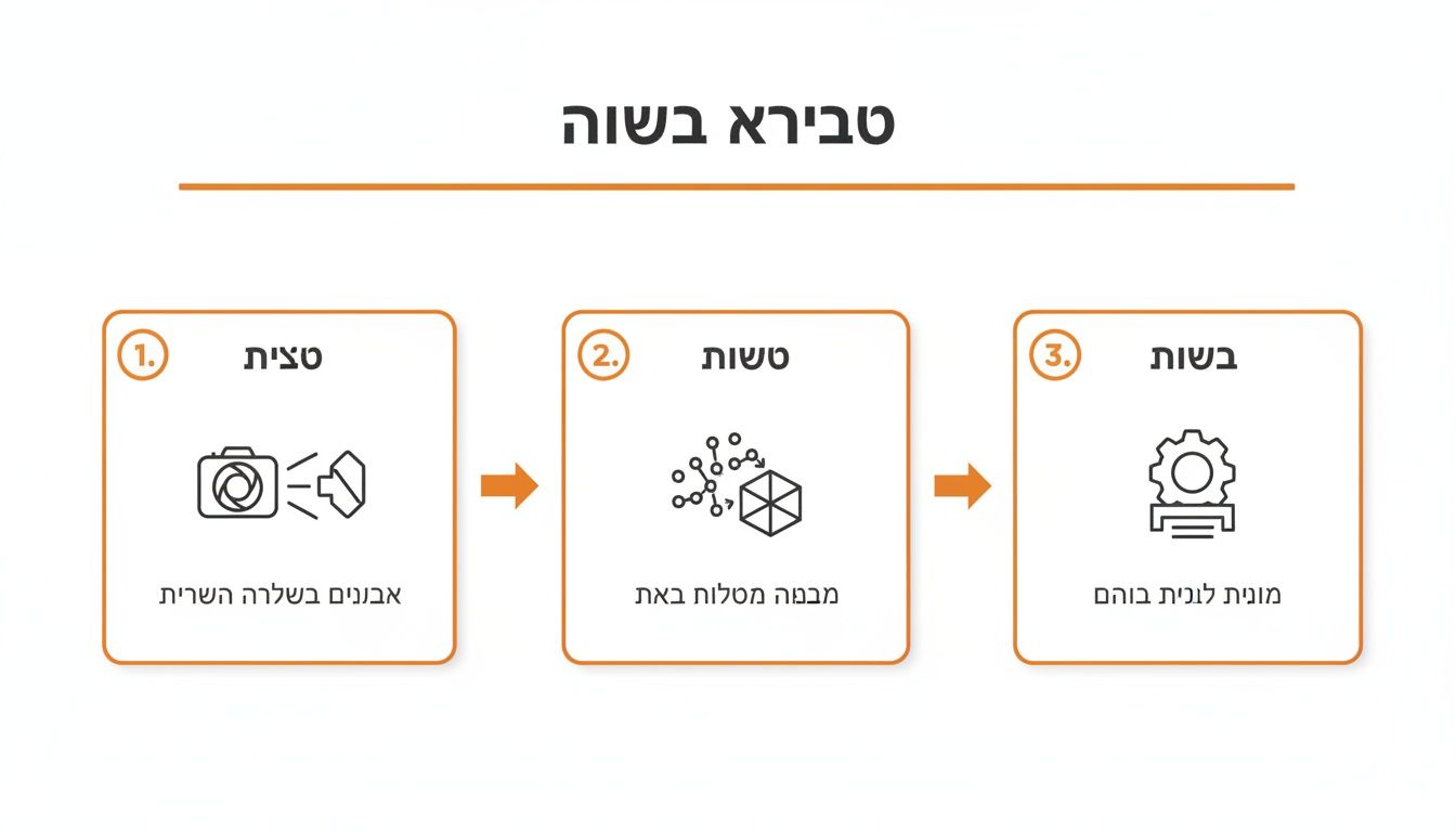 תרשים זרימה המציג את תהליך הסריקה התלת מימדית: קליטת אובייקטים, בניית מודל תלת מימדי וייצור המוצר הסופי.