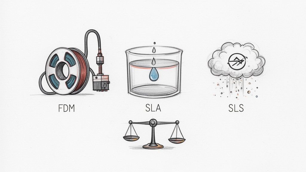 איורים צבעוניים המציגים טכנולוגיות הדפסה תלת מימדית שונות: FDM, SLA, SLS, יחד עם מאזניים המשווים ביניהן.