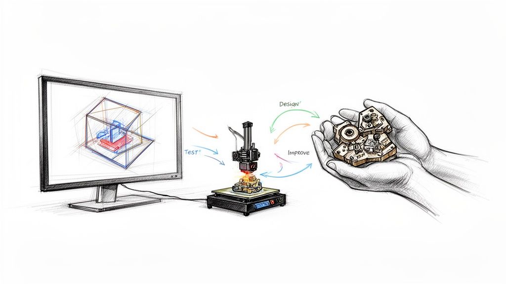 מחזור פיתוח מוצר: עיצוב תלת מימד במחשב, הדפסה במדפסת תלת מימד, בדיקה ושיפור אב טיפוס.