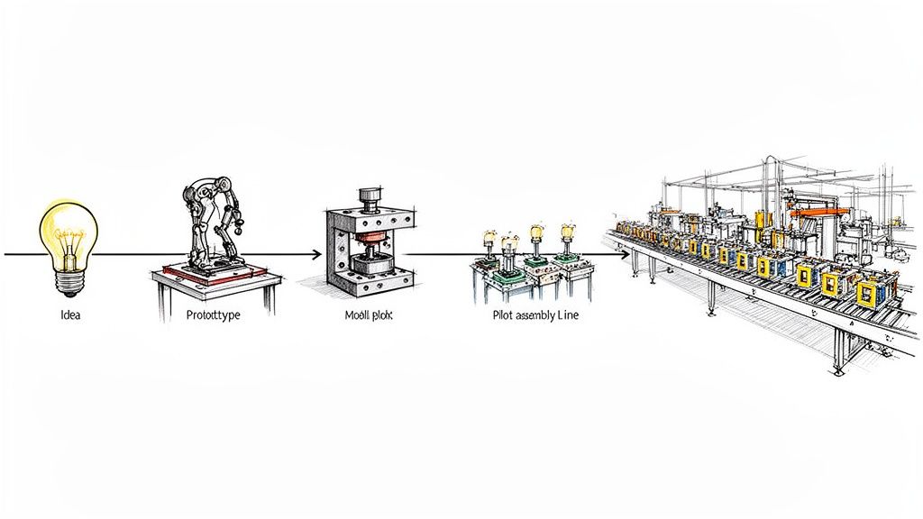 תרשים זרימה המתאר את תהליך הפיתוח והייצור, מרעיון ועד פס ייצור מלא.