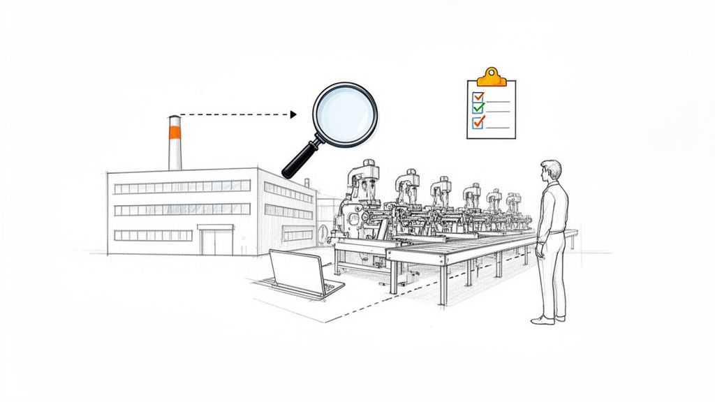 בקרת איכות במפעל: קו ייצור, מכונות, הגדלה, רשימת בדיקה ואדם מפקח.