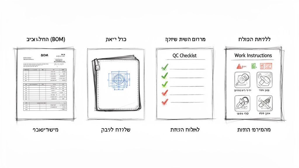 ארבעה מסמכים חיוניים בתהליך הייצור: רשימת חומרים, שרטוט טכני, רשימת בקרת איכות והוראות עבודה.