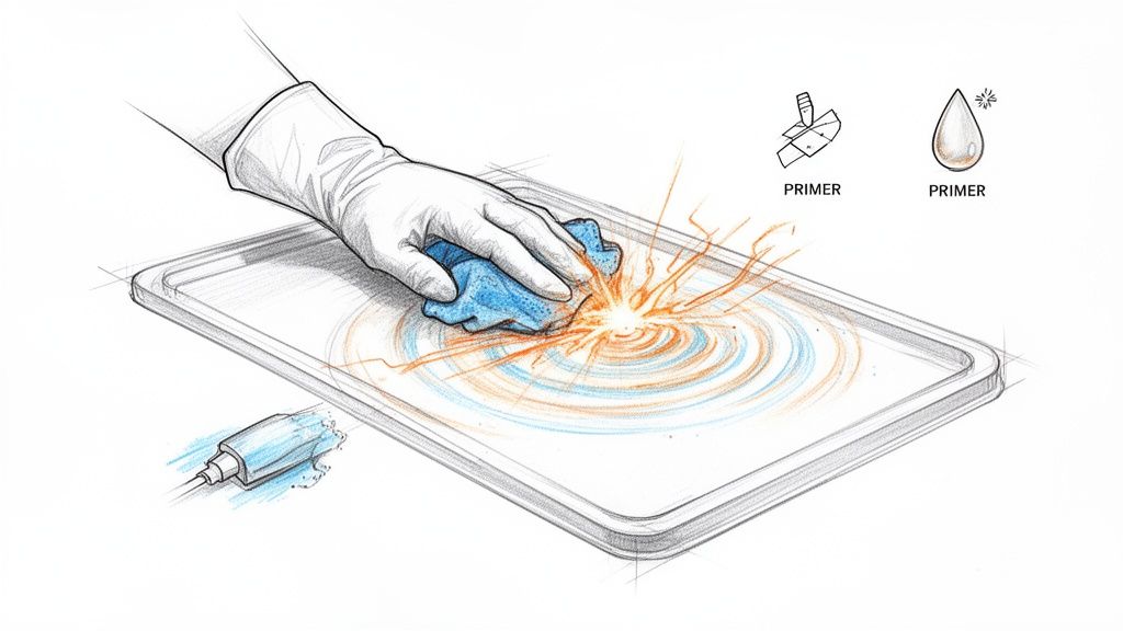 יד עוטה כפפה מנקה מגש במטלית כחולה, מכינה את פני השטח, עם סמלי פריימר.