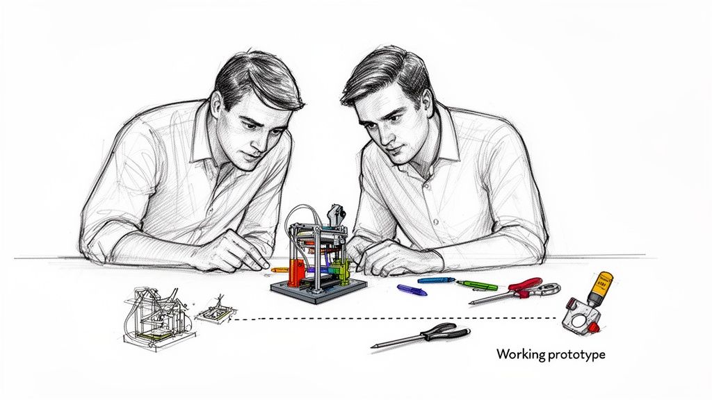 שני גברים בוחנים מקרוב אב טיפוס או מודל מודפס בתלת מימד, מוקפים בכלי עבודה על שולחן לבן.