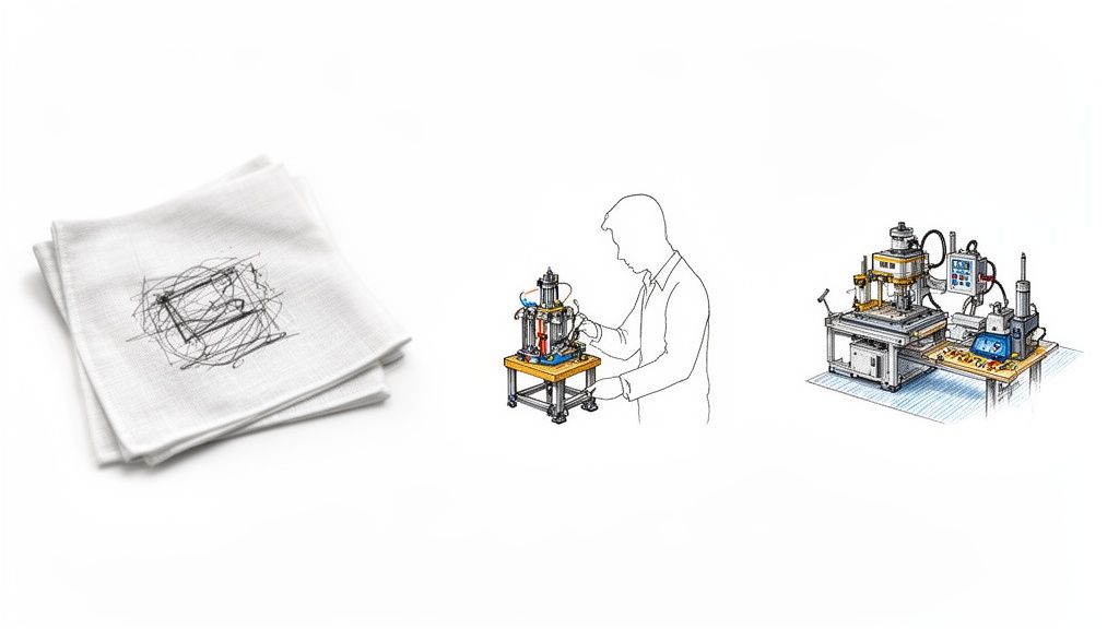 תהליך פיתוח מוצר הכולל סקיצה על מפית, הרכבת אבטיפוס ומכונת ייצור מוגמרת.