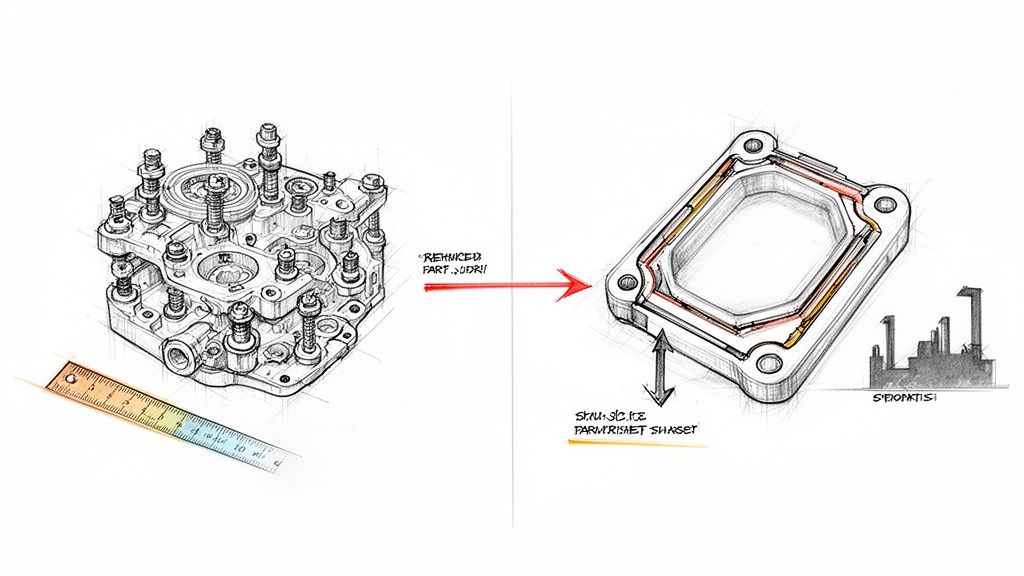 איור סקיצה המציג תהליך פיתוח: מרכיב מכני מורכב הופך לרכיב מופשט ופשוט יותר.