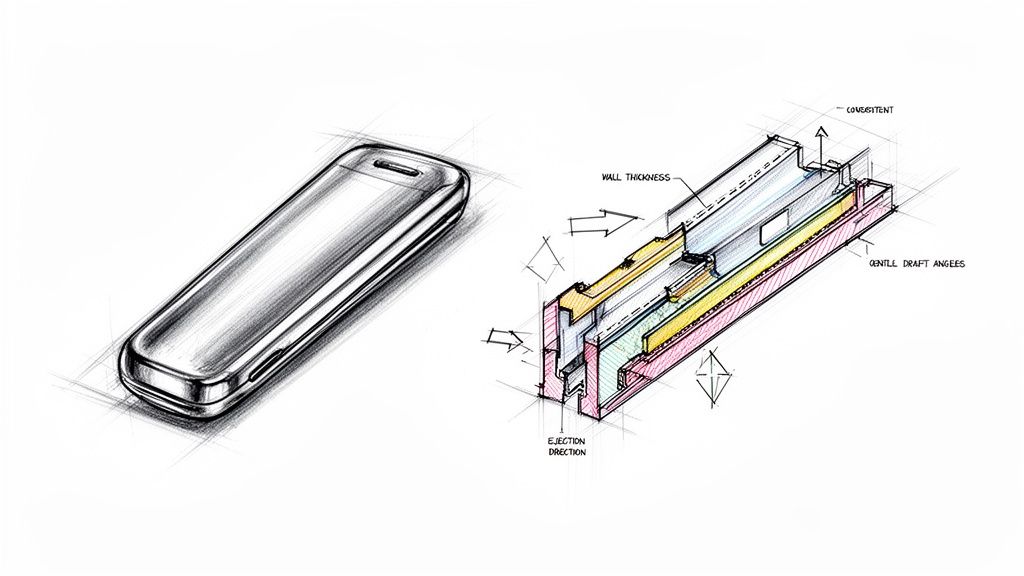 שני איורים: סקיצת מוצר אלקטרוני ושרטוט הנדסי מפורט של תהליך ייצור בפלסטיק.