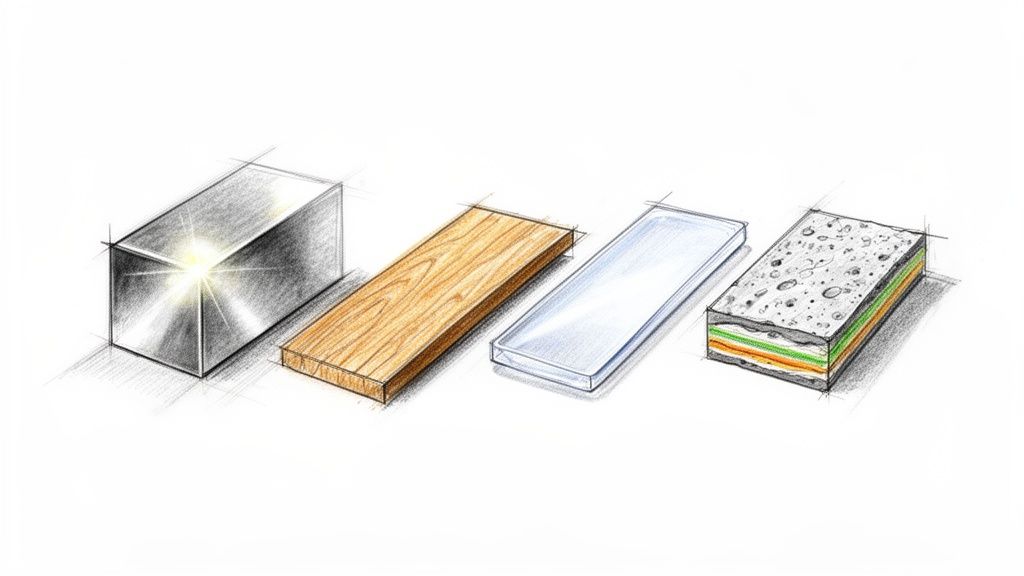 ארבעה בלוקים מבודדים המציגים סוגי חומרים שונים: מתכת, עץ, פלסטיק שקוף ומבנה רב-שכבתי.