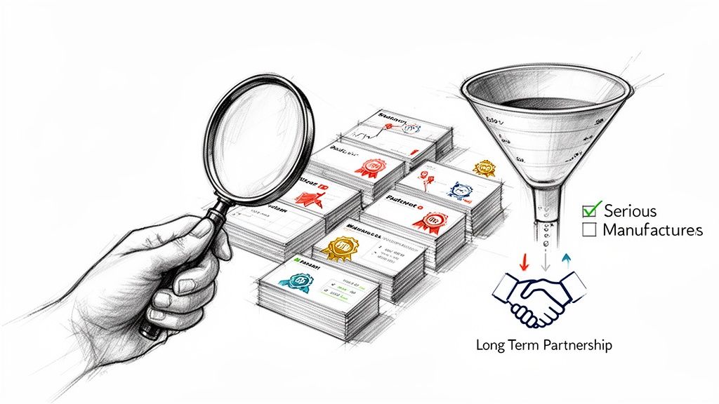 יד אוחזת בזכוכית מגדלת בוחנת מסמכים, המובילים למשפך סינון ולשותפות עסקית ארוכת טווח.