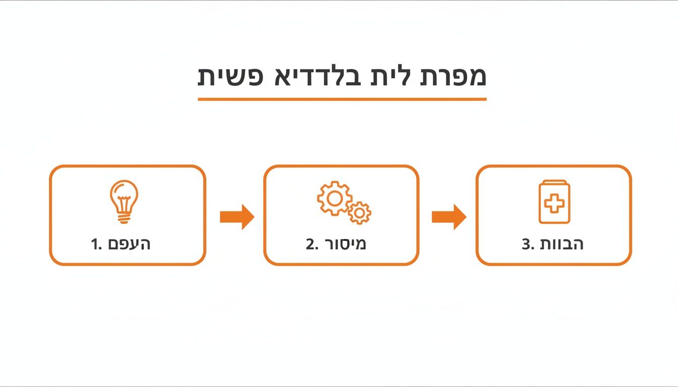 תרשים זרימה המציג תהליך פשוט בשלושה שלבים: רעיון, מיסוד ותוצאות רפואיות.