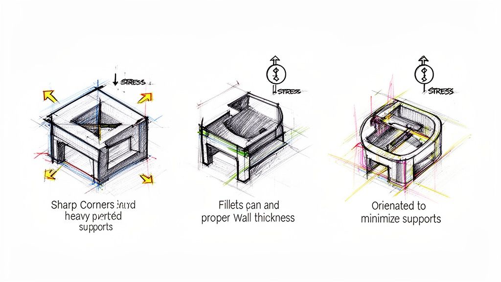 עקרונות תכנון והדפסה בתלת מימד: פינות חדות, עובי דופן מתאים, ומיטוב אוריינטציה להפחתת תמיכות ועומסים.