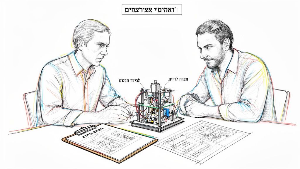 שני מהנדסים בוחנים אב טיפוס ומסמכי תכנון, דנים ברישום פטנט.