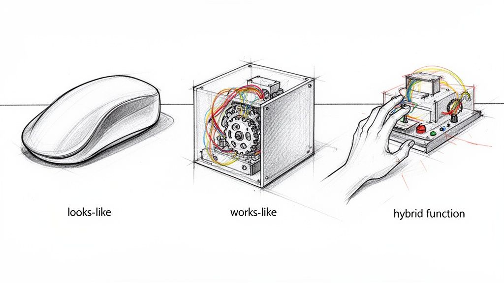 איור המתאר שלושה היבטים של עיצוב מוצר: מראה, מנגנון פנימי ואינטראקציית משתמש.