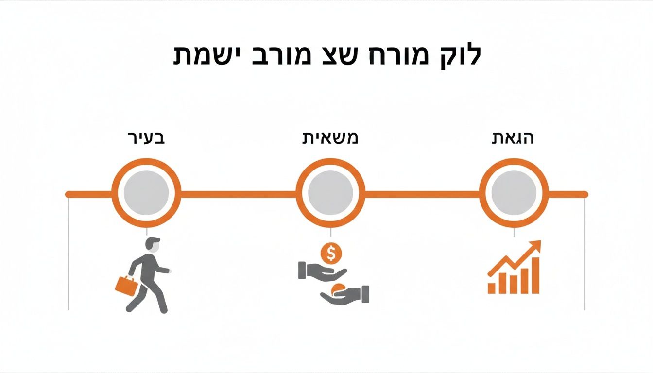 אינפוגרפיקה של ציר זמן המציגה שלושה שלבים: אדם בעיר, חילופי כסף, וגרף צמיחה עולה.