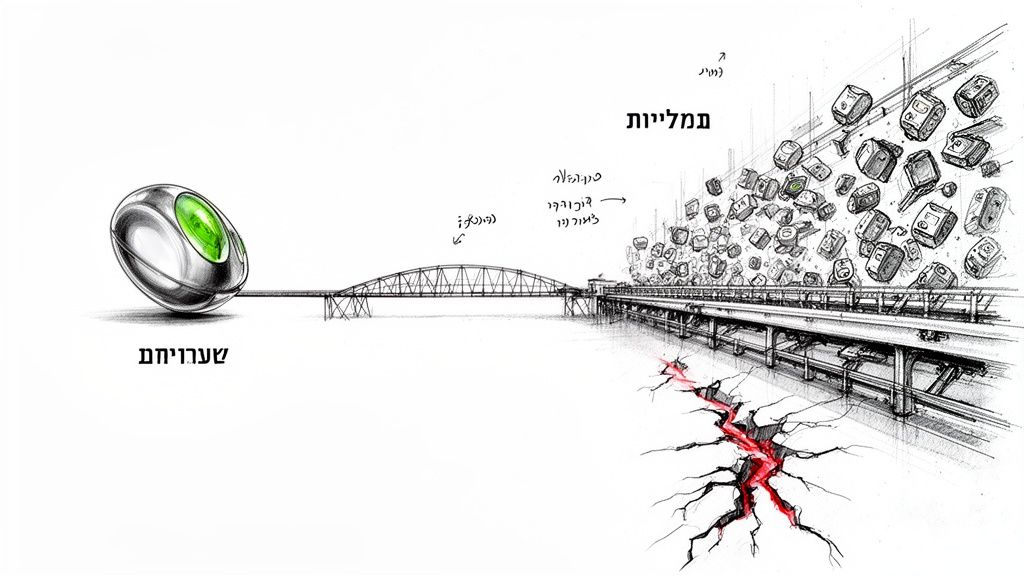איור מטאפורי: העברה מפיתוח לייצור, מפריט יחיד לייצור המוני, המדגיש אתגרים.