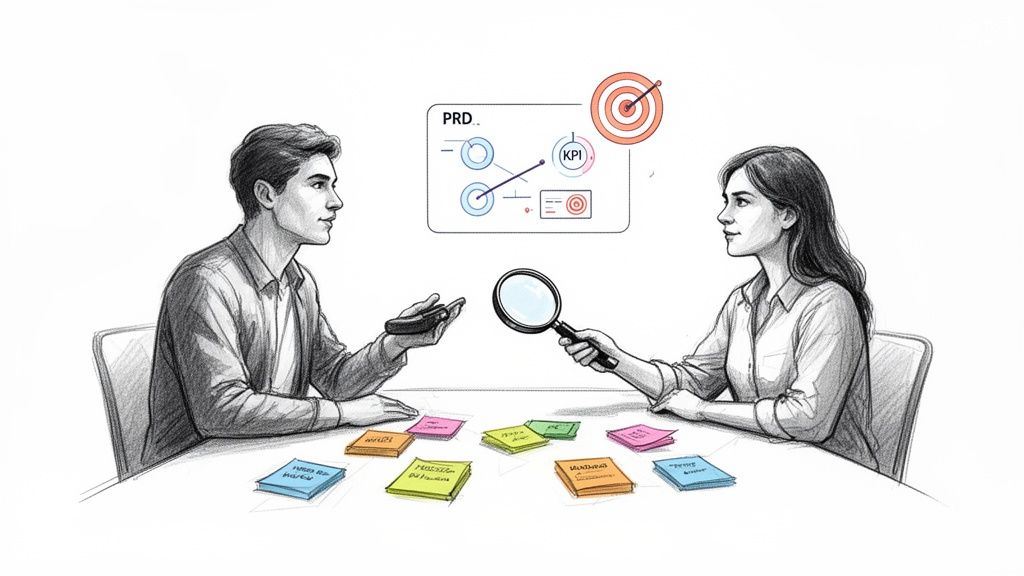 שני אנשים יושבים ליד שולחן עם פתקיות צבעוניות, מנתחים תכנון מוצר באמצעות דיאגרמת KPI וזכוכית מגדלת.