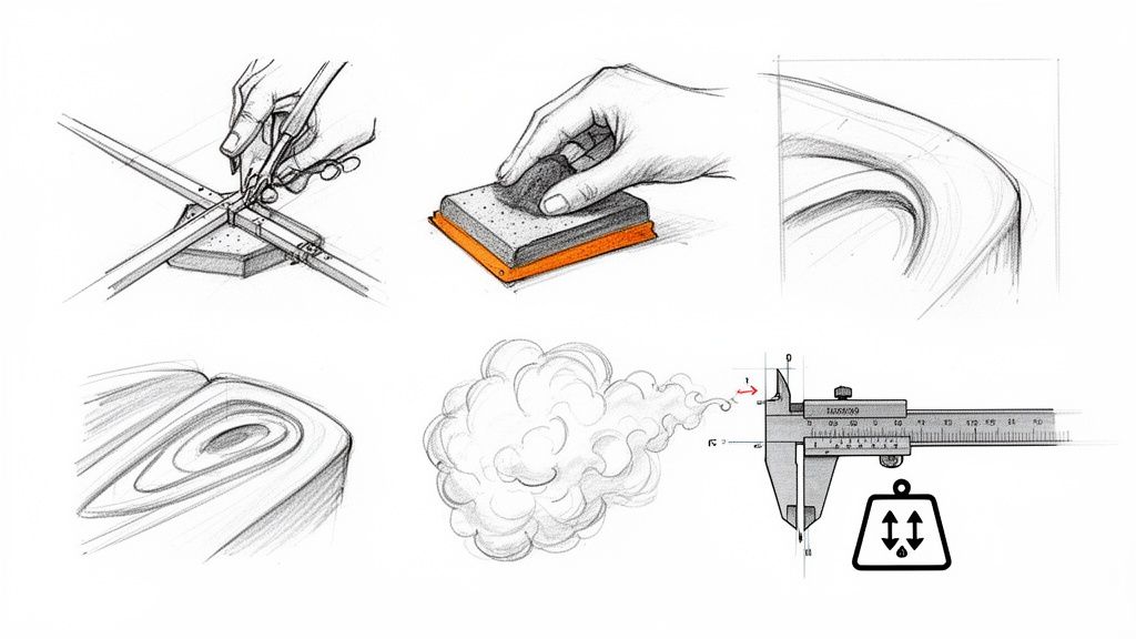 איורים טכניים המציגים תהליכי עיצוב, יצירה ידנית, מדידות מדויקות ורעיונות לצורות מוצר מורכבות.