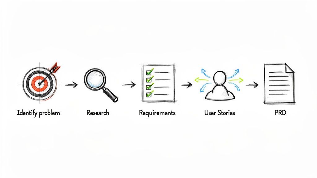 תרשים המתאר את שלבי תהליך אפיון מוצר: זיהוי בעיה, מחקר, דרישות, סיפורי משתמש ומסמך PRD.