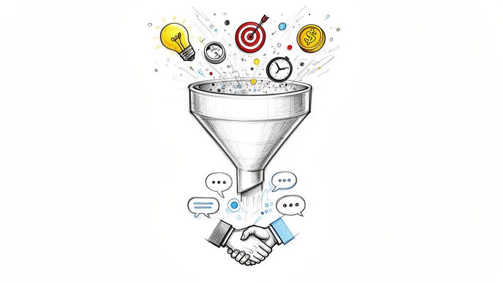 איור של משפך המרכז רעיונות, יעדים, זמן וכסף לתוך תקשורת ולחיצת יד.