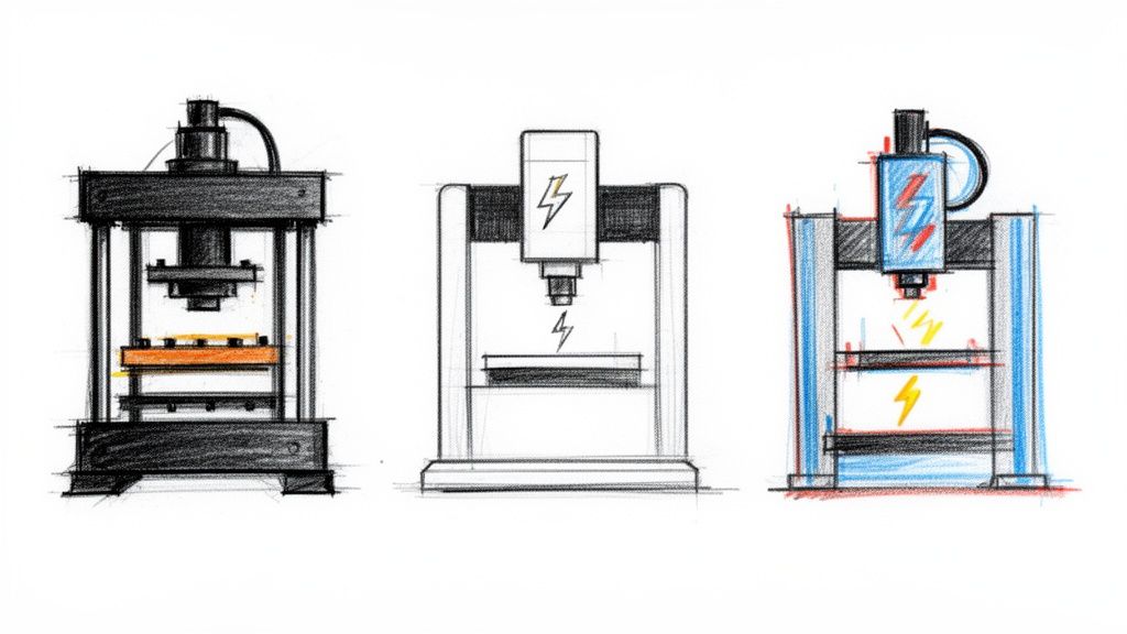 שלושה איורים של מכונות תעשייתיות או מכבשים בעיצובים שונים, עם סמלי ברק המציינים כוח או תהליך.