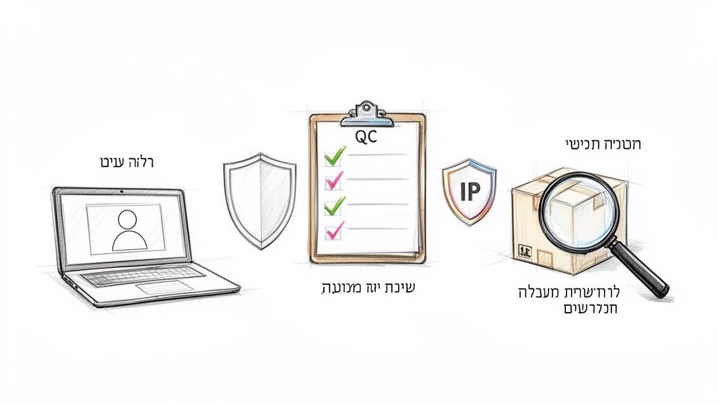 תרשים זרימה המתאר ליווי פרויקט, שיטת בקרת איכות, הכנה טכנית וביקורת מוצרים.