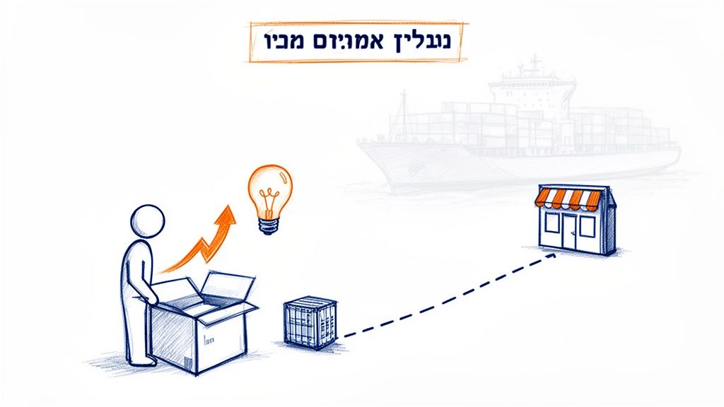 איור המציג תהליך יבוא מסחרי, מאריזת מוצרים ורעיון ועד הגעתם לחנות, עם ספינת מטען ברקע.
