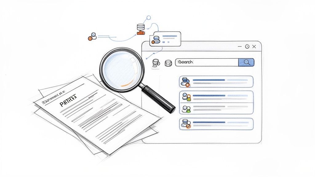איור של מסמכי פטנט עם זכוכית מגדלת וממשק חיפוש דיגיטלי, המדגים חיפוש וניהול מידע על פטנטים.