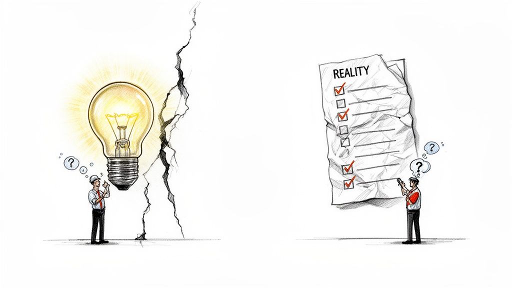 איש מתלבט בין רעיון מואר לרשימת מציאות מקומטת, המציגה את הפער בין חזון לביצוע.