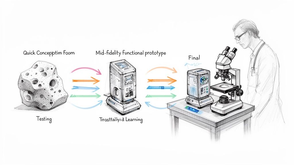 איור שלבי פיתוח מכשור רפואי, מאב טיפוס ראשוני ועד מוצר סופי, עם מדען בודק במיקרוסקופ.
