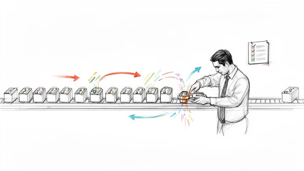 איש עובד על פס ייצור של מוצרים, עם חיצים צבעוניים המציגים תהליכים ורשימת משימות.