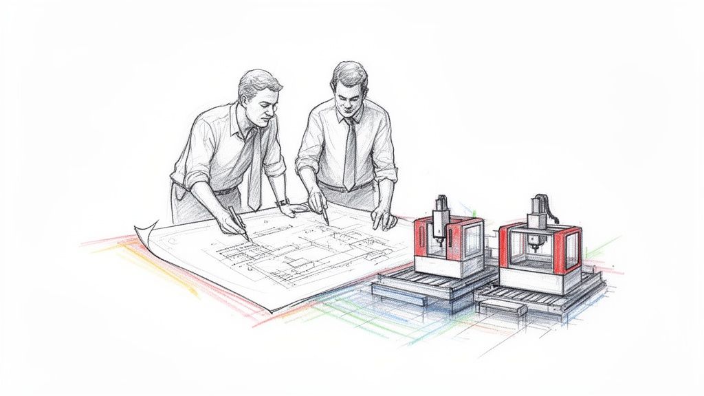 שני מהנדסים דנים בתוכניות עיצוב ליד מכונות ייצור מודרניות.