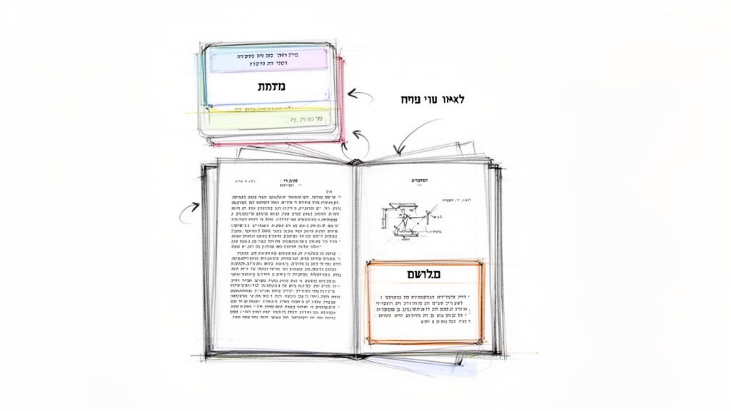 איור המדגים תהליך רישום פטנט, עם ספר פתוח, הערות ושרטוטים טכניים.