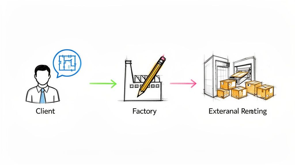 איור המתאר תהליך של לקוח עם תוכנית, מפעל ופתרונות אחסון חיצוניים עם קופסאות.