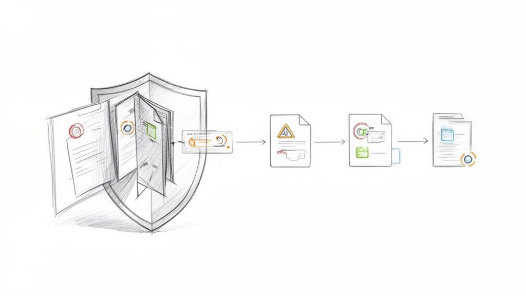 תרשים המתאר תהליך אבטחת מסמכים, זיהוי סיכונים וארגון נתונים בתיקיות בצורה מאובטחת.