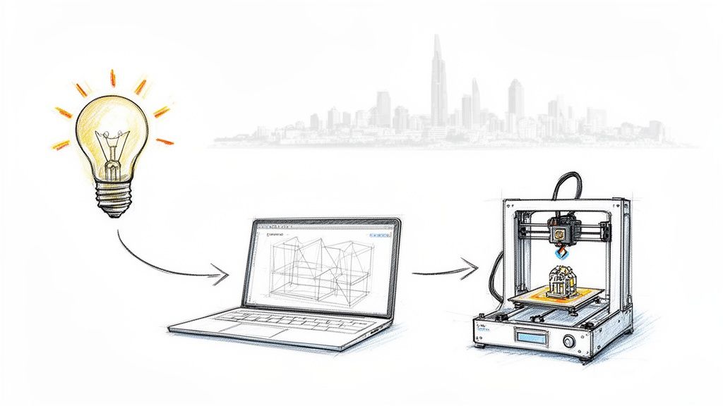 איור המראה רעיון (נורה) ההופך למודל תלת מימדי במחשב נייד, ומוצר מודפס תלת מימדית, על רקע קו רקיע של עיר.