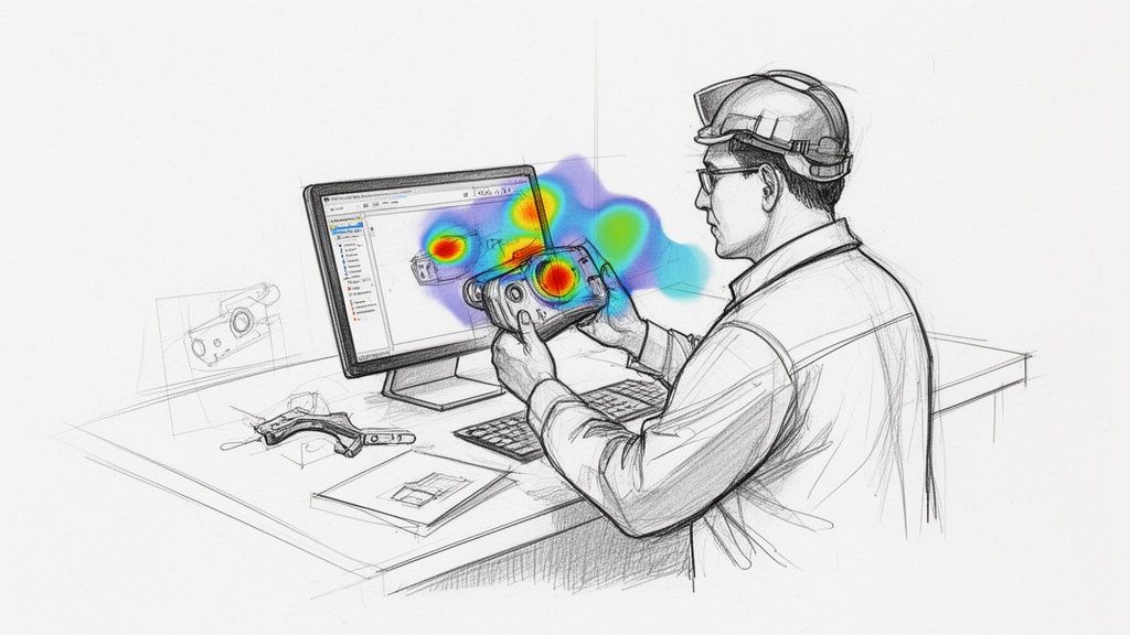 מהנדס בוחן מודל תלת מימד על מסך מחשב וגם אובייקט פיזי בידיו, עם הדמיית חום/לחץ.