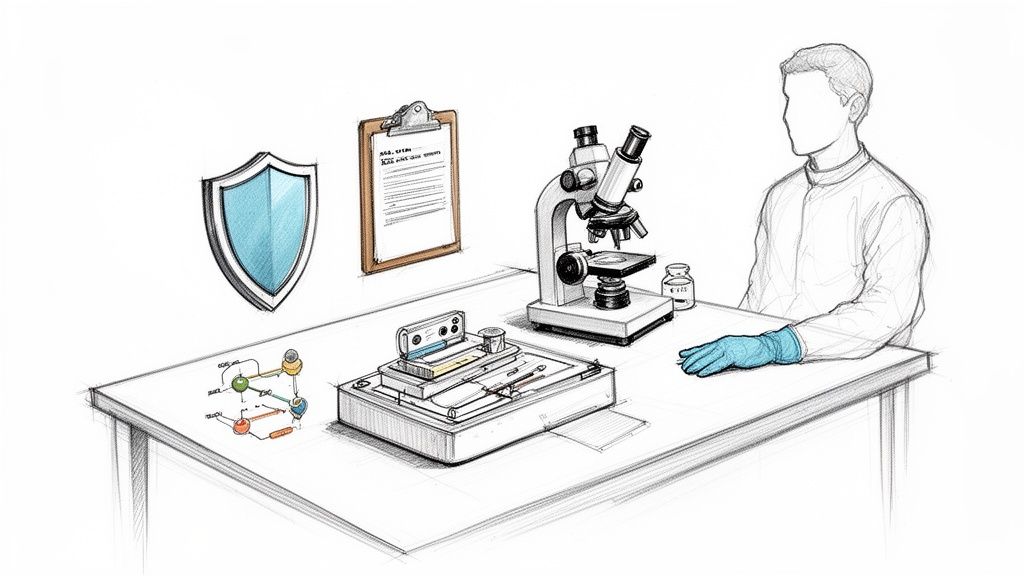 איור: מדען במעבדה עם ציוד, כולל מיקרוסקופ ומגן, עוסק בפיתוח מוצרים חדשים ובטיחותם.