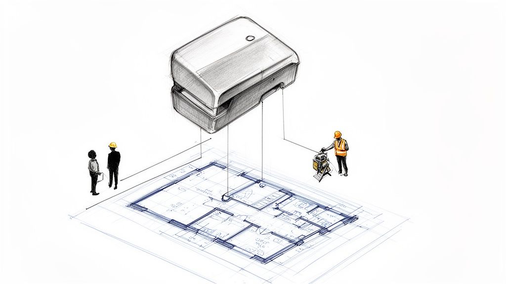 שרטוט אדריכלי תלת מימדי מציג מודל בניין מעל תוכנית קומה עם עובדים.