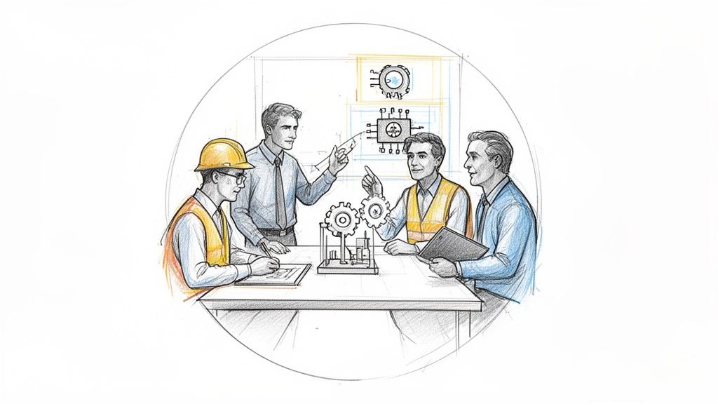 ארבעה מהנדסים דנים בפרויקט סביב שולחן, עם תרשימים וגלגלי שיניים, מדגימים עבודת צוות.
