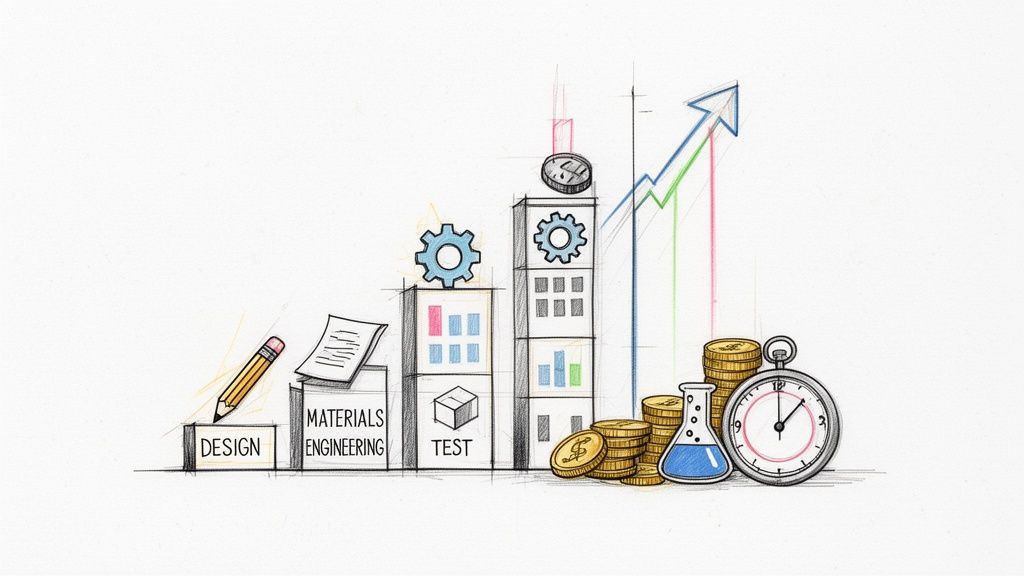 איור המתאר את שלבי פיתוח מוצר, כולל עיצוב, הנדסה ובדיקה, המובילים לצמיחה כלכלית.