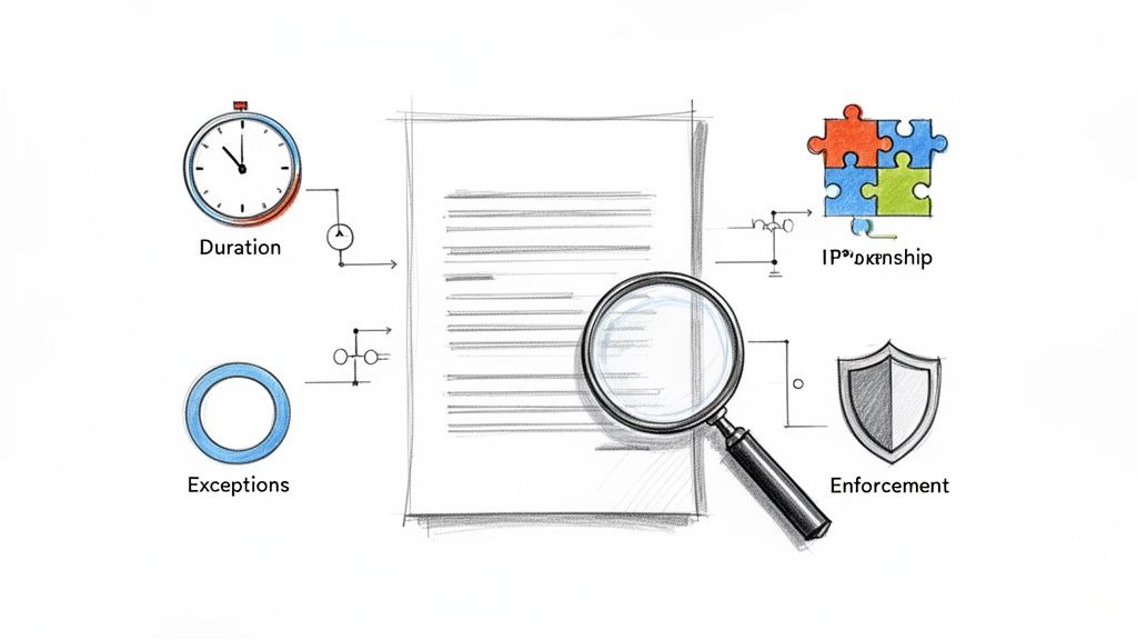 איור של מסמך עם זכוכית מגדלת ואלמנטים של משך, חריגים, בעלות קניין רוחני ואכיפה.