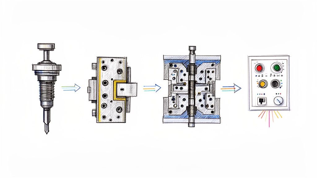 איור טכני המציג תהליך ייצור: רכיב, שני שלבי תבנית הזרקה, ולוח בקרה של מכונה.