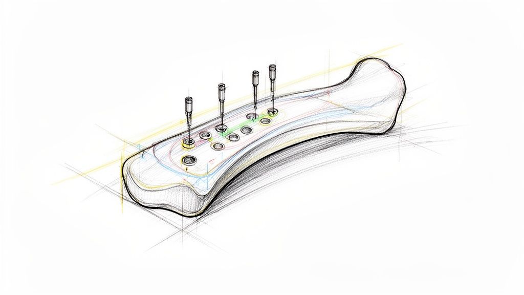 איור טכני של עצם עם ברגים, אולי שתל רפואי, בעיצוב תלת מימדי, לשימושים רפואיים.