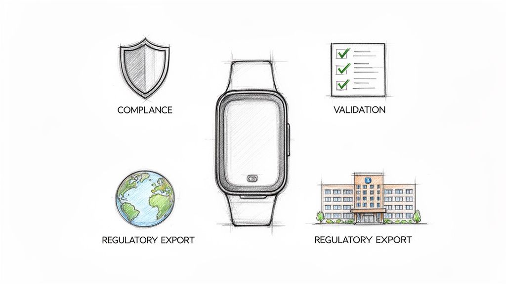איור של שעון חכם וסמלים המייצגים תאימות, אימות וייצוא רגולטורי גלובלי.