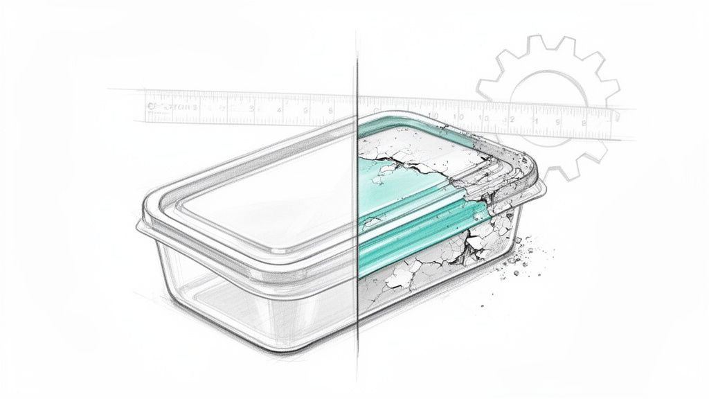 איור של קופסת פלסטיק שבורה לצד קופסה שלמה, עם סרגל וגלגל שיניים ברקע.