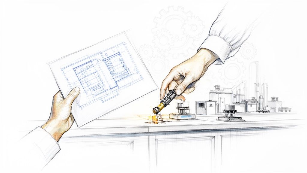 ציור ידיים: אחת מחזיקה תוכניות הנדסיות, השנייה מניחה רכיב מכני. רקע תעשייתי עם גלגלי שיניים, המדגים פיתוח וייצור מוצרים.