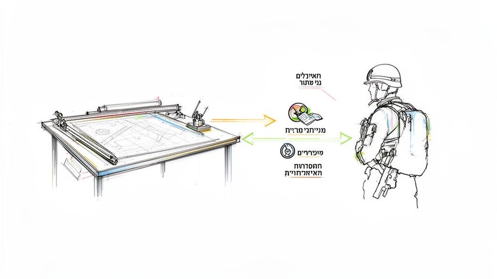 איור המציג שולחן שרטוט, חיילים, וחץ המצביע על מסמכים ממוחשבים ומוצפנים. תהליך פיתוח מוצר צבאי.