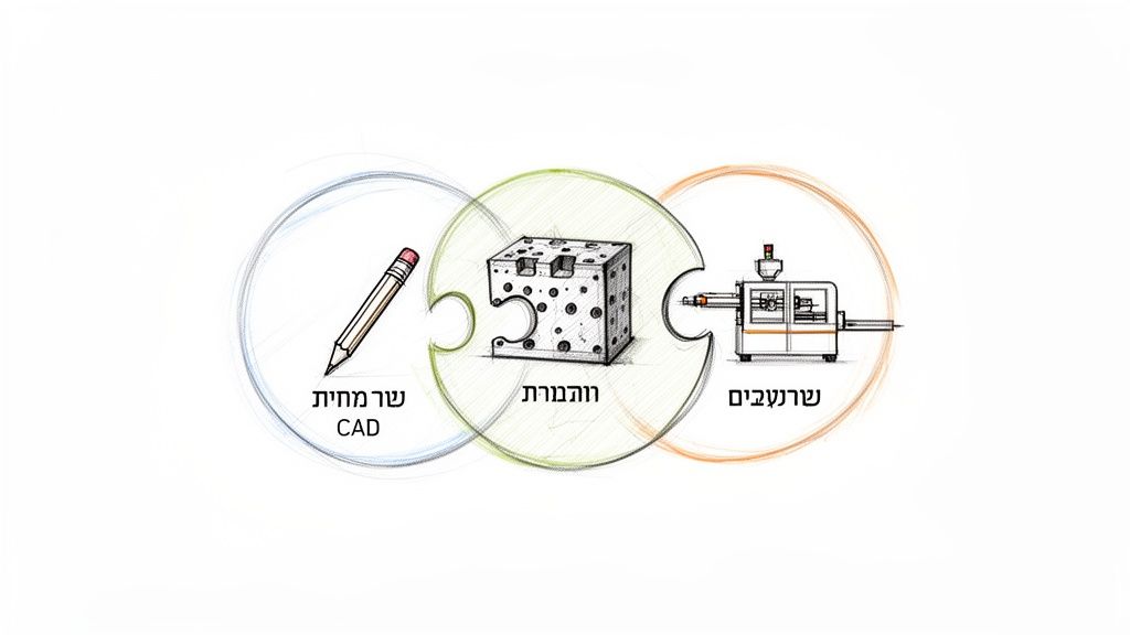 תמונה של שלושה שלבי פאזל: שרטוט CAD, ייצור תבניות ומכונת הזרקה לפלסטיק המייצרת שריצות.